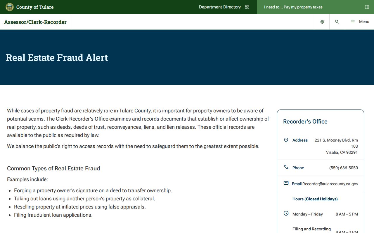 Porterville property records fraud alert for safe people search use