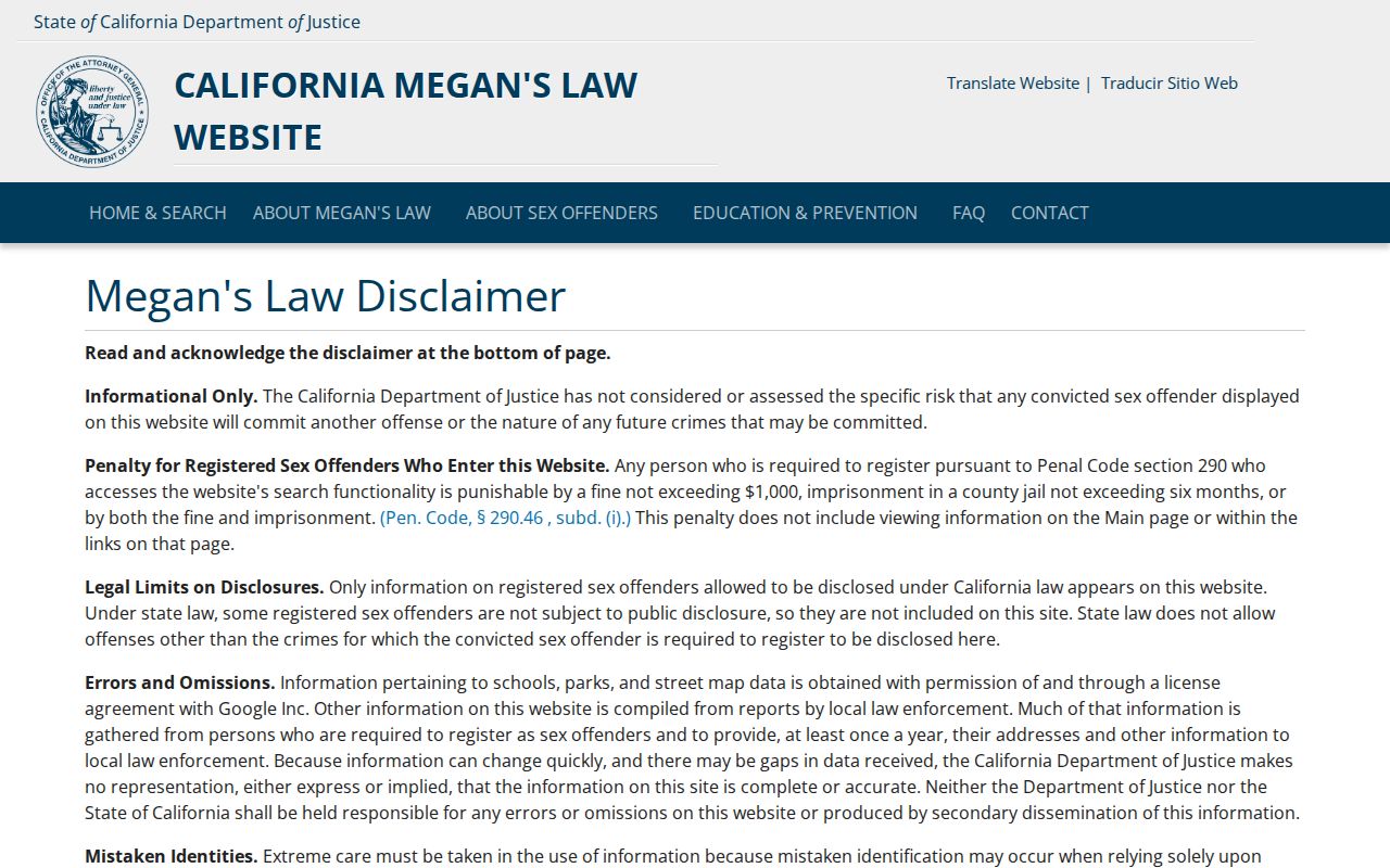 Porterville people directories view of the California Megan's Law search disclaimer
