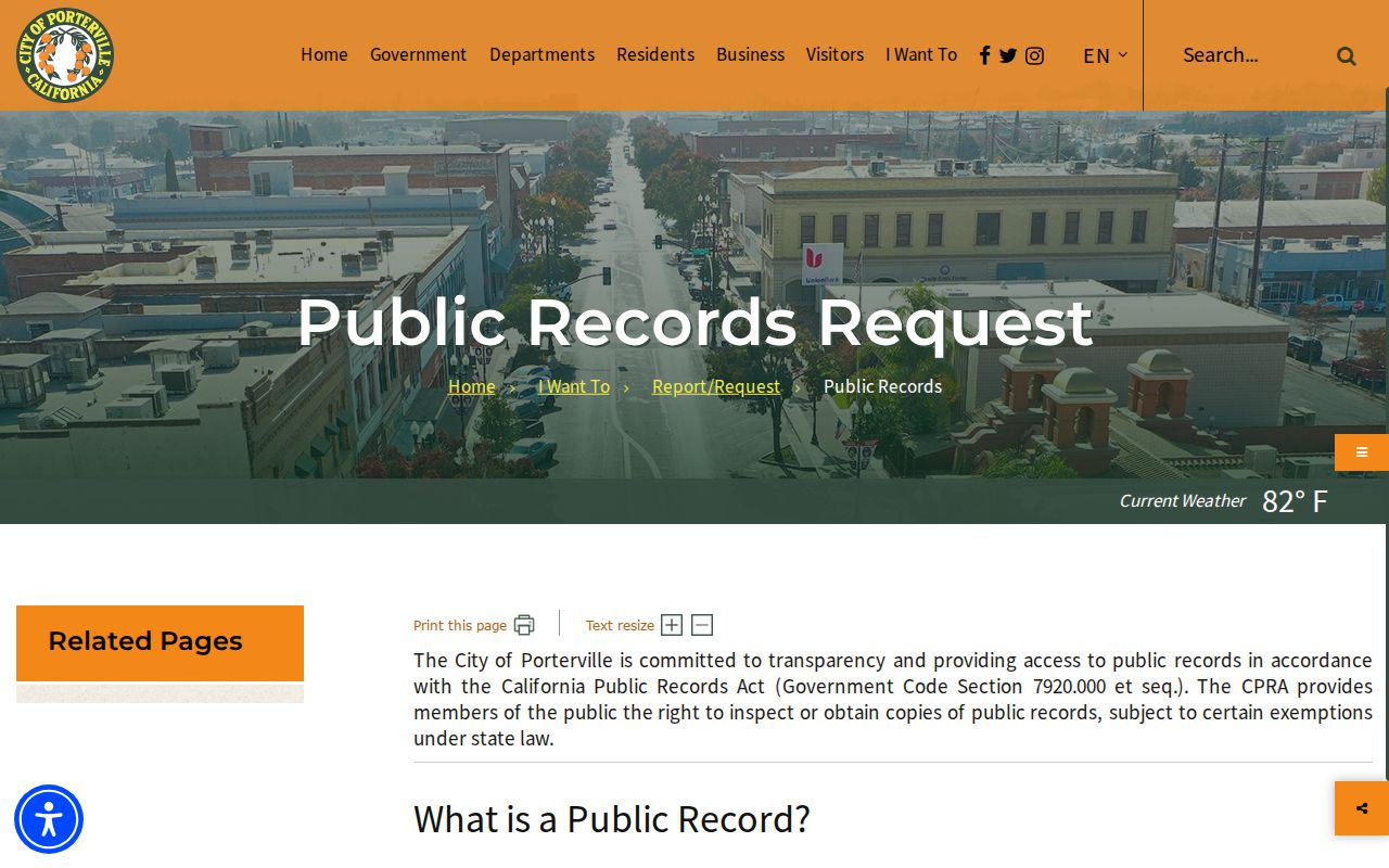 Porterville public records request page and City Clerk contact